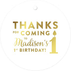Andaz Press Personalized Round Circle Birthday Gift Tags, Metallic Gold Ink, Thanks for Coming to My 1st Birthday, 24-Pack, Custom Made Name