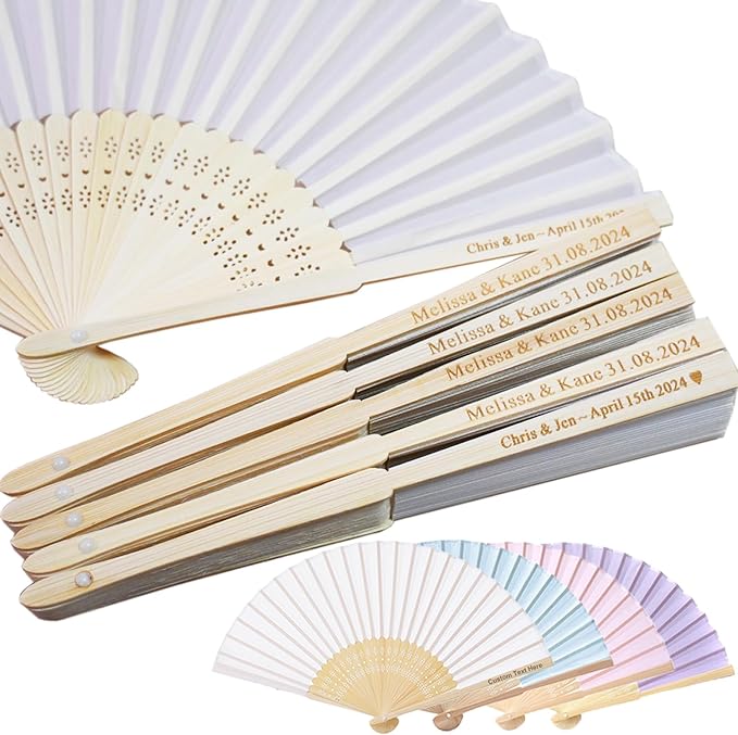 Personalized Folding Hand Fans Engraved Silk Fans, Summer Wedding Fans, Custom Silk-Bamboo Fans Wedding Party Favor Bridal Shower Gifts (30 Pieces), White