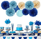 Dusty-Navy Blue Champagne-Gold Paper-Flowers Lanterns - 15pc Christmas Graduation Party Decorations Tissue Pom Poms Streamers,Birthday Bachelorette Bridal Baby Shower Engagement Wedding Decor Panduola