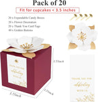 FEIYI 20 PCS Burgundy Gift Boxes, 3 In 1 Favor Boxes with Floral Decor, White Thank You Tags Cupcake Containers Gift wrapping for Wedding, Baby Shower, Birthday, Decorations Party - 3.55x3.55x3.55
