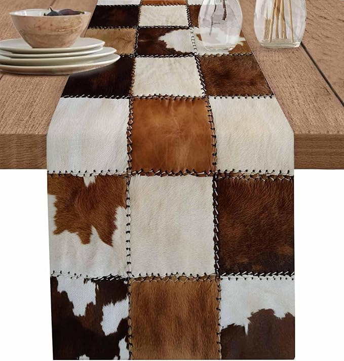 Abstract Cowhides Cotton Linen Table Runner for Dining Kitchen, Wedding Outdoor Party Tablerunners Decoration, Brown Beige Animal Fur Texture Dresser Scarf Coffee Tablecloth Runners 13x60 Inches