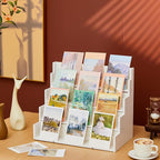 4 Tier Greeting Card Display Stand White Bamboo and Acrylic Sticker Display Stand Trading Card Holder Retail Photos Shelf for Vendors Craft Collection & Show