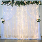 10 x 10 FT Pearl White Tulle Backdrop Curtain with Lights Strings,Wedding Background Curtain Baby Shower Birthday Parties Photo Decorations(2 Panels 5×10ft)