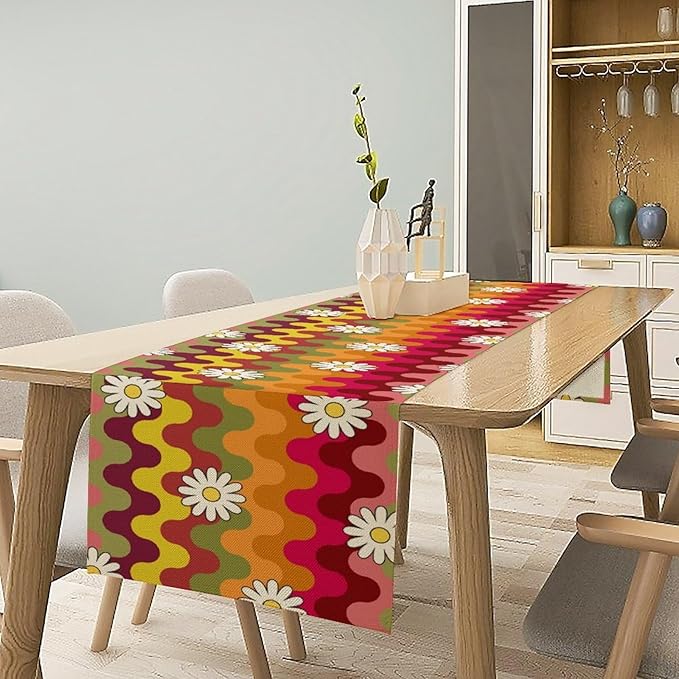 Vintage Floral Table Runner,60s 70s Colorful Retro Abstract Hippie Print Table Runner for Kitchen Dining Table Home Party Decoration 13x72 Inch