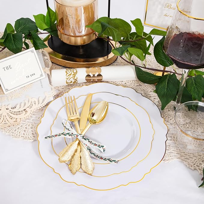 350 Pieces Gold Disposable Plates for 50 Guests, Plastic Plates for Party, Dinnerware Set of 50 Dinner Plates, 50 Salad Plate, 50 Spoons, 50 Forks, 50 Knives, 50 Cups for Thanksgiving