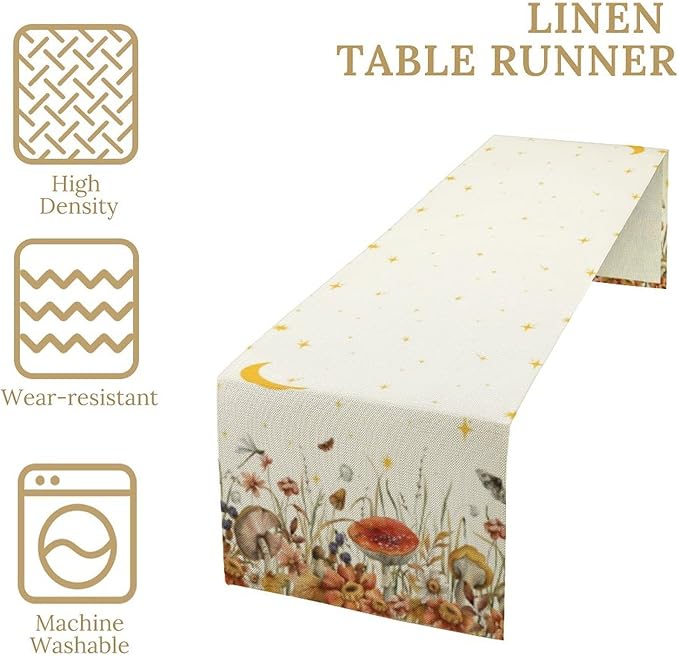 Mushroom Kitchen Table Runner, Gothic Moon Star Plants Witchy Moonlit Flower Butterfly Table Runner for Kitchen Dinner Living Room Drapes, 13x70 Inch White