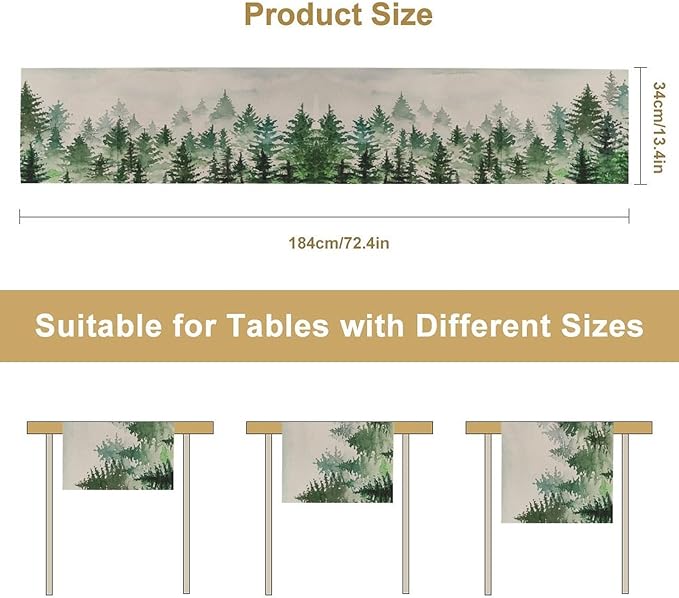 Foggy Forest Table Runner,Green Forest Natural Landscape Table Runner for Kitchen Dining Table Home Party Decoration 13x72 Inch