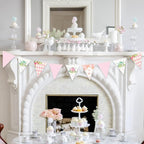 Spring Tea Party Decorations Pink and Gold Floral Flower Butterfly Teapot Teacup Plaid Paper Triangle Flag Pennant Banner Bunting for Spring Birthday Wedding Bridal Baby Shower Engagement Tea Party