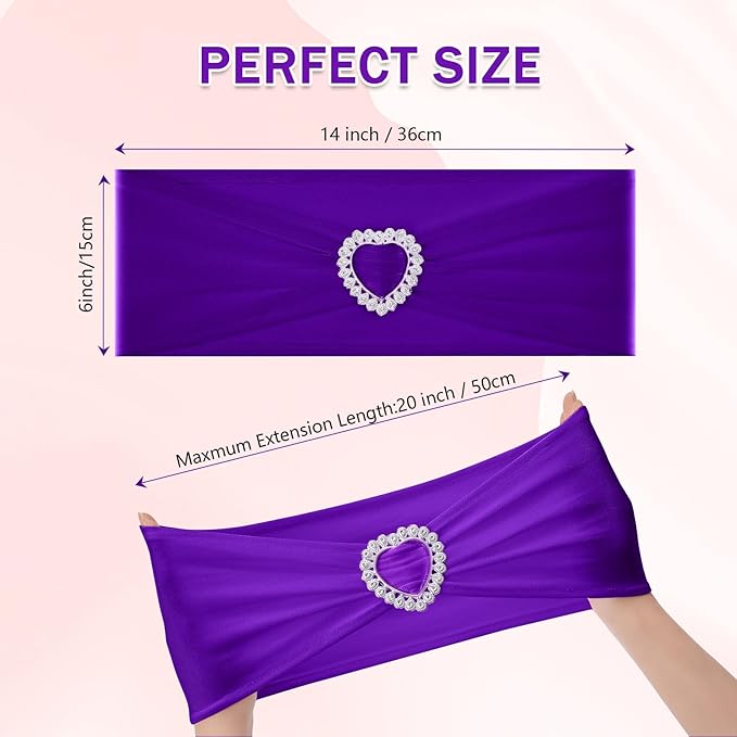 Howhic Pack of 30 Spandex Chair Sashes Bows Stretch Chair Cover Band with Buckle Slider Universal Elastic Chair Ties for Wedding Banquet Party Event Decoration (Purple)