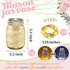 Layhit 6 Pcs Painted Mason Jars Colored Painted Mason Jars Centerpiece for Table with 6 Pcs 9.84 ft 30 LED Operated Fairy Lights for Wedding(Gold)