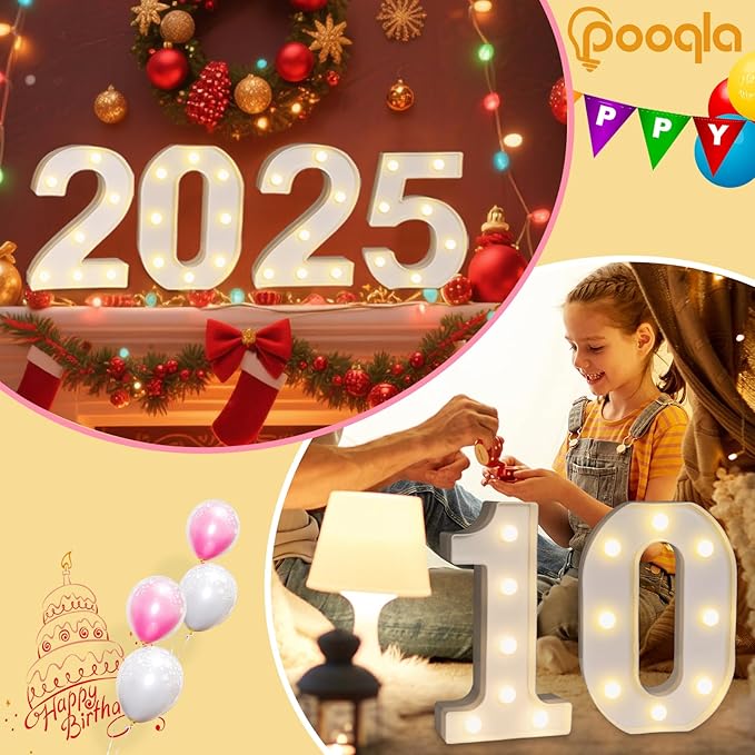 Pooqla Decorative Led Light Up Number Letters, White Plastic Marquee Number Lights Sign Party Wedding Decor Battery Operated Number (1)