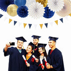 Navy-Blue White Gold Party-Decorations - 20pcs Graduation 2025 Paper Lanterns Fans,Tissue Pom Poms,Honeycomb Ball,Birthday Bridal Celebration Bachelorette Baby Shower Wedding Homecoming Decor Burgleda