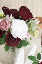 Floroom Burgundy Artificial Flowers Marsala Fake Roses Peonies Dahlia Greenery Combo Box Set for DIY Dark Red Wedding Bouquets Bridal Shower Centerpieces Floral Arrangements Party Tables Decoration