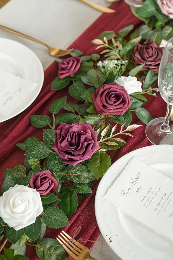 Ling's moment 5FT Burgundy Artificial Flower Garland Dusty Rose Leaves Floral Garland Arch Flowers Vine for Wedding Party Backdrop Decor Mantel Home Table Centerpieces Wall Decorations
