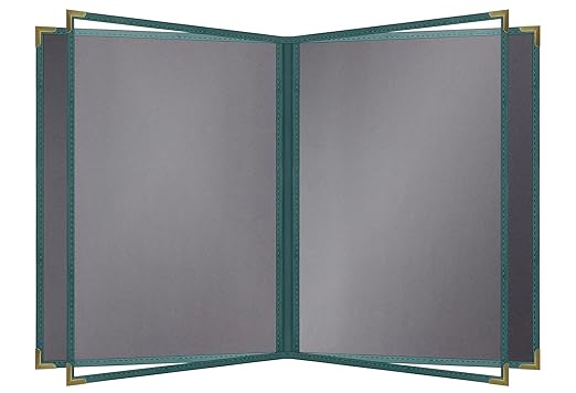 Goodsmart Pajco Style Restaurant Menu Covers – Pack of 10, Side-Loading Menu Holders, Single Stitched Edge, Clear Vinyl Menu Sleeves, Leatherette Trim, Gold Corners, Green, 6 View (8.5" x 11")