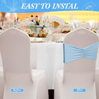 Moukeren 100 Pcs Spandex Chair Sashes Bows Bands Slider Sashes for Chair Covers Elastic Bands Ties Ribbon Decorations for Wedding Party Events Ceremony Birthday Banquet(Sky Blue)