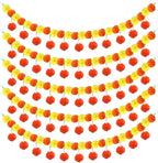 5 Pcs Diwali Artificial Marigold Garland with Pearls Decor, 4.5 Feet Artificial Marigold Flowers for Indian Pooja Diwali Home Mantle Decor Long Strands for All Year Decoration (Yellow＆Orange&Red)