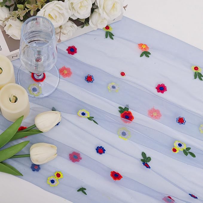 BINBE 1pcs Daisy Fall Table Runner Embroidery Gauze 10FT Florals Seasonal Tulle Holiday Birthday Kitchen Dining Table Decor for Home Party Blue
