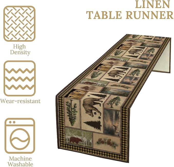 Country Lodge Bear Table Runner, Retro Vintage Bear Cottage Country Style Cabin Farmhouse Dinner Runner for Home Kitchen Dining Table Decoration,13x120 Inch