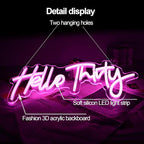 Pink Hello Thirty Neon Sign for Wall - 30th Birthday Gifts for Women Party Photo Background - Hanging Light for Wedding Anniversary Party Decor