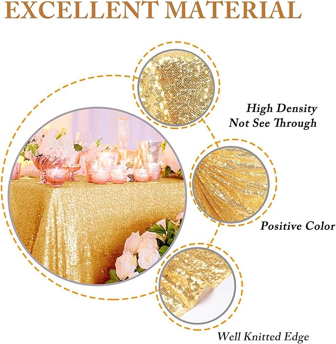 ShinyBeauty Gold Table Cloths for Party 2 Packs, 72X72 Inch Sequin Tablecloths Square Glitter Table Cloth Overlay Gold Tablecloth for Wedding, Birthday, Cake Tables