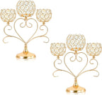 2 Pcs 3-Arm Heart Tea Light Candle Holder - Crystal & Metal Wedding Centerpiece Decor, Sparkling Table Decor for Anniversaries/Romantic Tabletop Home/Dinner Party/Events (2, Gold)