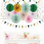 Sage-Green Pink Gold Party-Decorations - 33pcs Kits Tissue Pom Poms Honeycomb,Banner,Streamers Tassel Garland,Paper Lantern Fans, Wedding Engagement Bachelorette Birthday Baby Bridal Shower Hugtmr