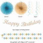 Light-Dusty Blue Beige-Champagne Women Birthday-Decorations - 21pcs Boho Neutral Happy Banner Garland,Paper Streamers Lanterns,Flower Tissue Pom Poms Fan Supplies,Wall Backdrop Party Decor Huglony