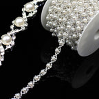 1 Yard Pearl Trim Chain Rhinestone Silver String Crystal Applique Fringe Ribbon Strips Beads Sewing Dress DIY Party Wedding Bouquet for Decoration Bridal Costume Embellishment