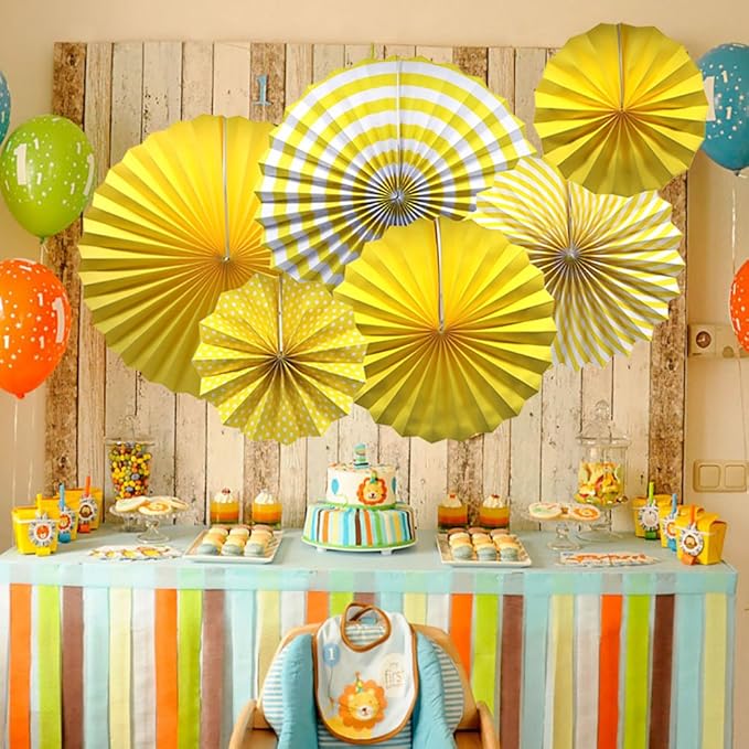 ADLKGG Party Hanging Paper Fans Set, Yellow Round Pattern Paper Garlands Decoration for Birthday Wedding Graduation Events Accessories, Set of 6