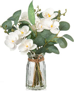 White Orchids Artificial Flowers with Vase Fake Flowers in Vase Artificial Eucalyptus Stems in Glass Vases with Faux Water Faux Orchid with Eucalyptus Leaves Arrangement for Dining Table Centerpiece
