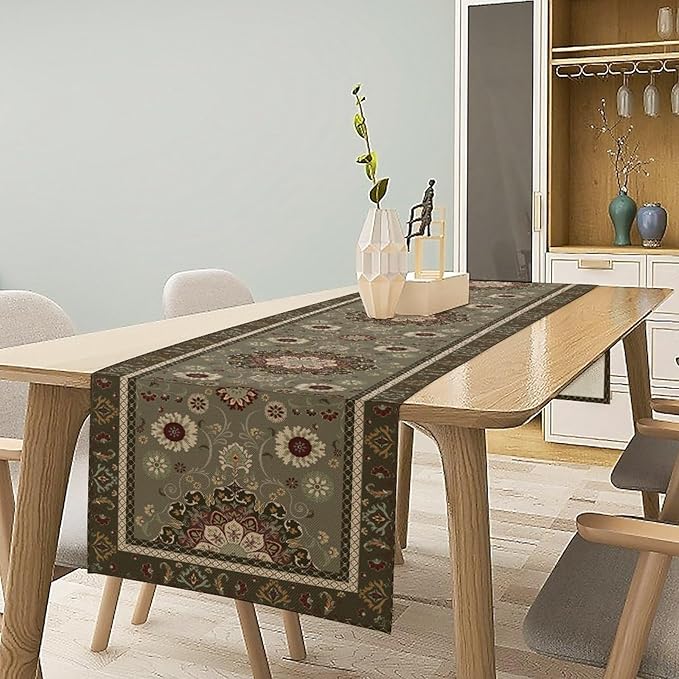 Vintage Paisley Floral Table Runner, Brown Boho Rustic Farmhouse Flower Pattern for Home Kitchen Table Decor Dining Coffee Room Party Decor 13x36in
