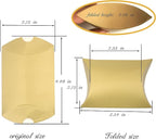 Aokbean 100 Pack Mini Pillow Candy Box Small Gift Boxes with 50 Yards Ribbon for Christmas Wedding Party Favor Gift, Jewelry or Soap Packaging (Gold)