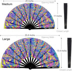 UV Glow Rave Fan, Bamboo Folding Clack Hand Fans Foldable for Men Women, Boots on the Ground Poping Fan for EDM Festival Line Dance Decoration, (Waves-2, Medium 11")