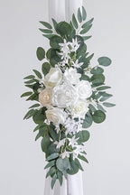 White Artificial Wedding Arch Flowers Kit (Pack of 3) with 26Ft White Shiny Arch Draping Fabric for DIY Wedding Party Ceremony Reception Backdrop Floral Decoration