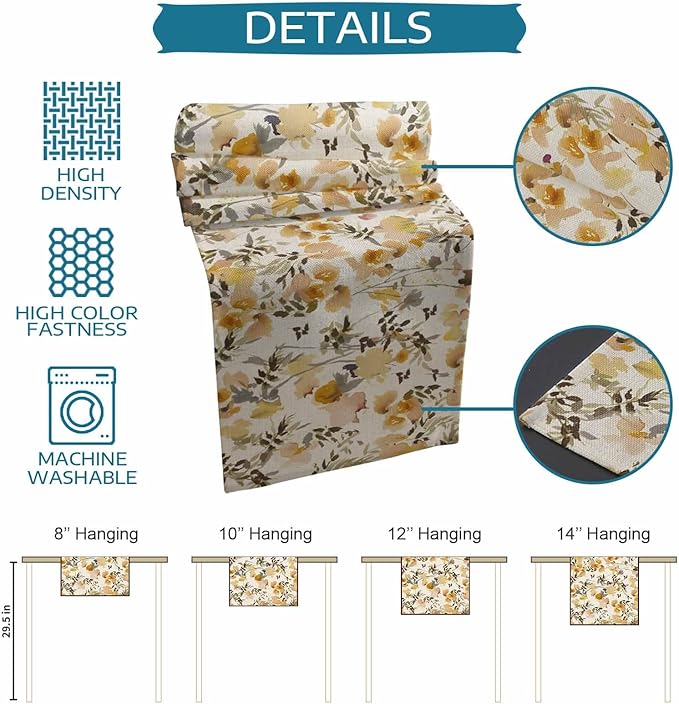 Vintage Orange Flower Cotton Linen Table Runner for Dining Kitchen, Wedding Outdoor Party Tablerunners Decoration, Farmhouse Botanical Floral Retro Dresser Scarf Coffee Tablecloth Runners 13x48 Inches