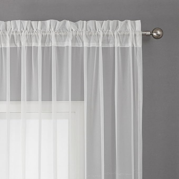 VISIONTEX White Sheer Voile Curtains, Decorative White Embossed European Rod Pocket Window Drapes for Home Kitchen, Living Room and Bedroom 54 x 72 Inch, Set of 2 Curtain Panels