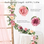 Waipfaru Flower Garland Decorations, 6.07Ft Pink Floral Rose Garland, Artificial Eucalyptus Greenery Vines with Flowers for Wedding Table Runner Centerpieces Backdrop Room Decor (Pink)