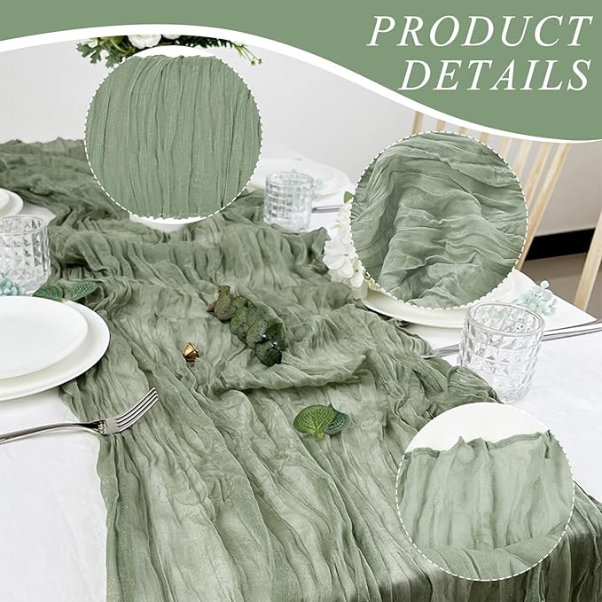 12 Pack Cheesecloth Table Runner, Runner Gauze Boho Wedding Decor Romantic Table Runner for Wedding Birthday Party(35" x 118") (Sage Green)