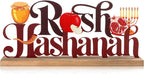 Rosh Hashanah Metal Sign Jewish New Year Table Centerpiece Tiered Tray Decor with Wooden Base Apple Pomegranate Decor for Home Tabletop Centerpiece Mantel Shelf Fireplace