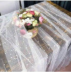 EHLDekol Pearl Table Cloth Elegant Polyester Table Runner with Artificial Pearl Accents Extra Long 10 ft 60 x 120 Inches Pearl Tulle Table Runner for Wedding (60inch Width, White, 1 Piece)