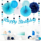 Light-Royal Blue White Birthday Party-decorations - 21pcs Boys Men Ocean Happy Banner,Navy Dusty Paper Streamers Lanterns Honeycomb,tissue Pom Poms Fan,Nautical Adult Garland Supplies Decor Huglony