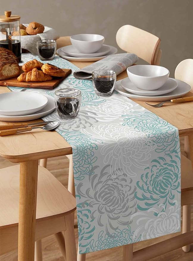 Auqa Chrysanthemum Cotton Linen Table Runner for Dining Kitchen, Wedding Outdoor Party Tablerunners Decoration, Farmhouse Floral Botanical Leaves Dresser Scarf Coffee Tablecloth Runners 13x90 Inches