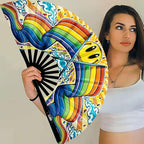 13" Large Rave Fan Bamboo, Folding Clack Hand Fans Foldable for Men Women, Boots on the Ground Poping Fan for EDM Festival Line Dance Decoration, (Rainbow, Large 13")