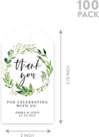 Andaz Press 100-Pack Personalized Thank You for Celebrating with Us Wedding Favor Tags with Bakers Twine Greenery Wreath Custom Cardstock Wedding Gift Tags Thank You Tags for Party Favors 2” X 3.75”