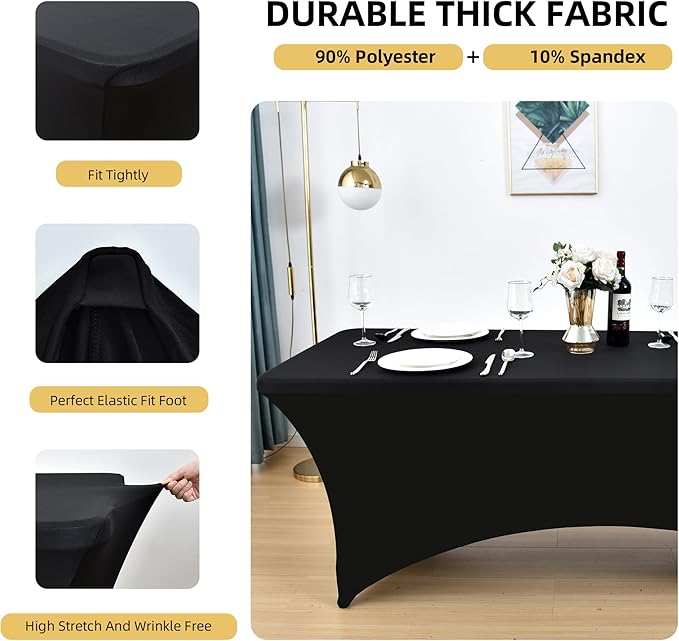 6-Pack 4ft Spandex Black Table Covers for Rectangular Folding Tables - Wrinkle Resistant Stretch Tight Table Cloths - Ultimate Fitted Table Protector for Parties, Trade Shows, and Wedding