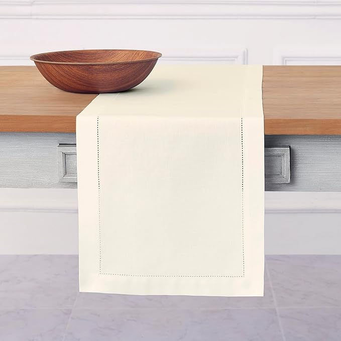 Solino Home Ivory Table Runner 90 Inches Long - Cotton Linen Hemstitch 14 x 90 Inch Table Runner for Dining, Fall, Autumn, Thanksgiving, Holiday