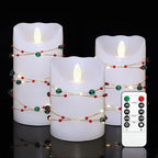 Christmas Flameless Candles with Red Green Beads String Lights - Real Wax Christmas Decor Battery Operated Candles with Remote & Timer- Home Party Bedroom Holiday Xmas Decorations - Set of 3