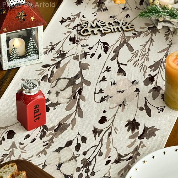 Artoid Mode Leaves and Flowers Cotton 210 GSM Winter Table Runner, Seasonal Christmas Kitchen Dining Table Decoration for Home Party Decor 13x90 Inch