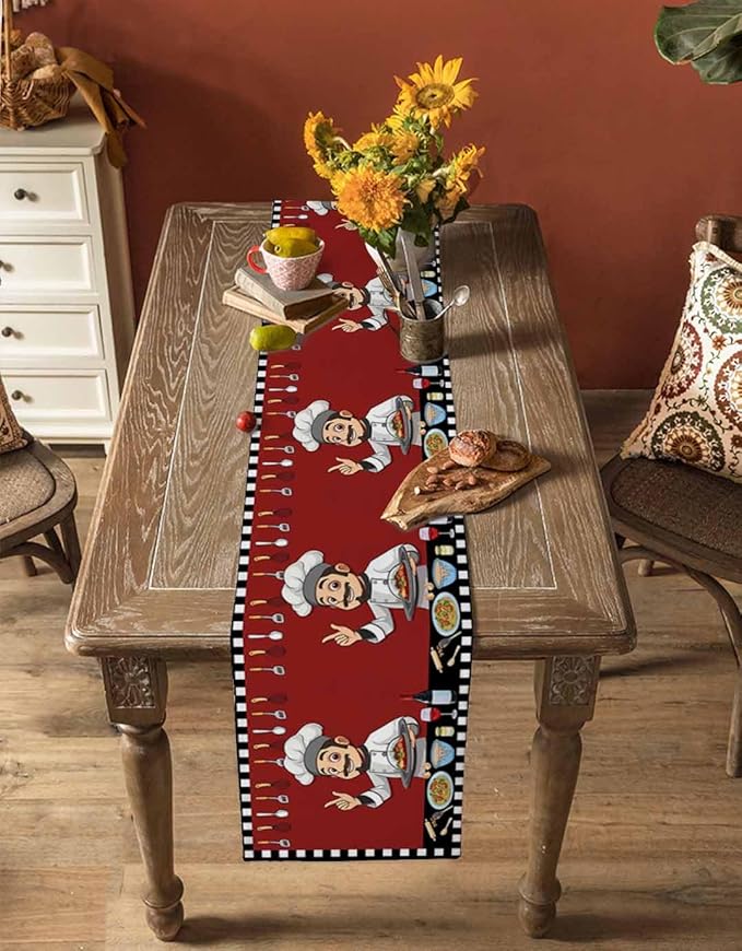 Red Chef Gourmet Cotton Linen Table Runner for Dining Kitchen, Wedding Outdoor Party Tablerunners Decoration, Black White Check Plaid Funny Kitchen Dresser Scarf Coffee Tablecloth Runners 13x60 Inches